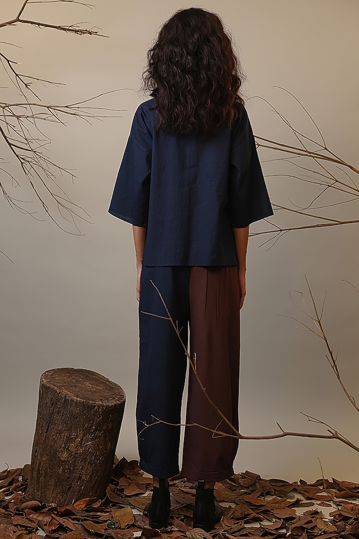 Blue & Brown Handspun Cotton Color-Block Short Top by Mati at Pernia's Pop Up Shop