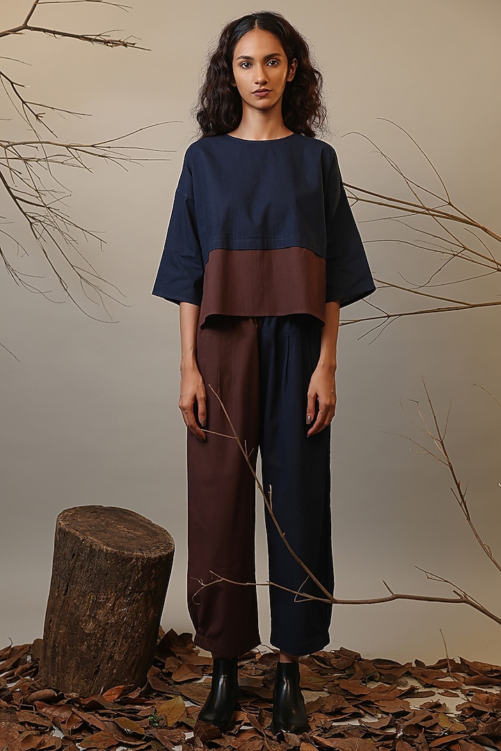 Blue & Brown Handspun Cotton Color-Block Short Top by Mati at Pernia's Pop Up Shop