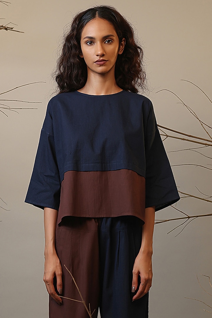 Blue & Brown Handspun Cotton Color-Block Co-Ord Set by Mati at Pernia's Pop Up Shop