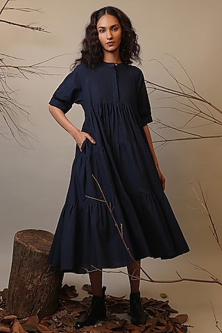Blue Handspun Cotton Tiered Dress by Mati
