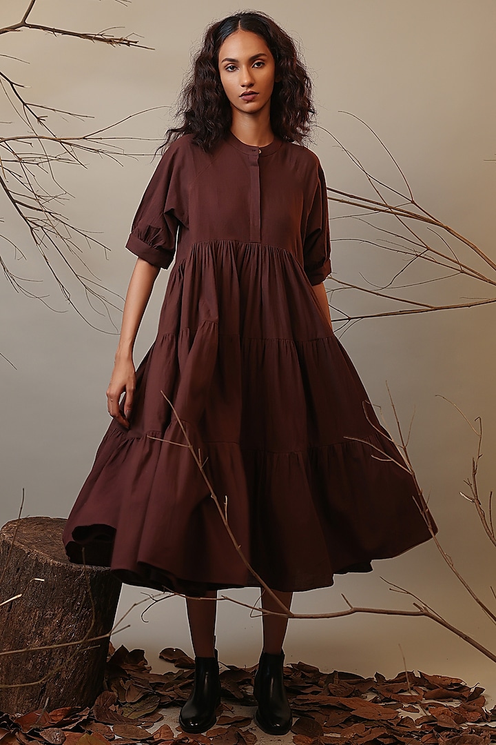 Brown Handspun Cotton Tiered Dress by Mati at Pernia's Pop Up Shop