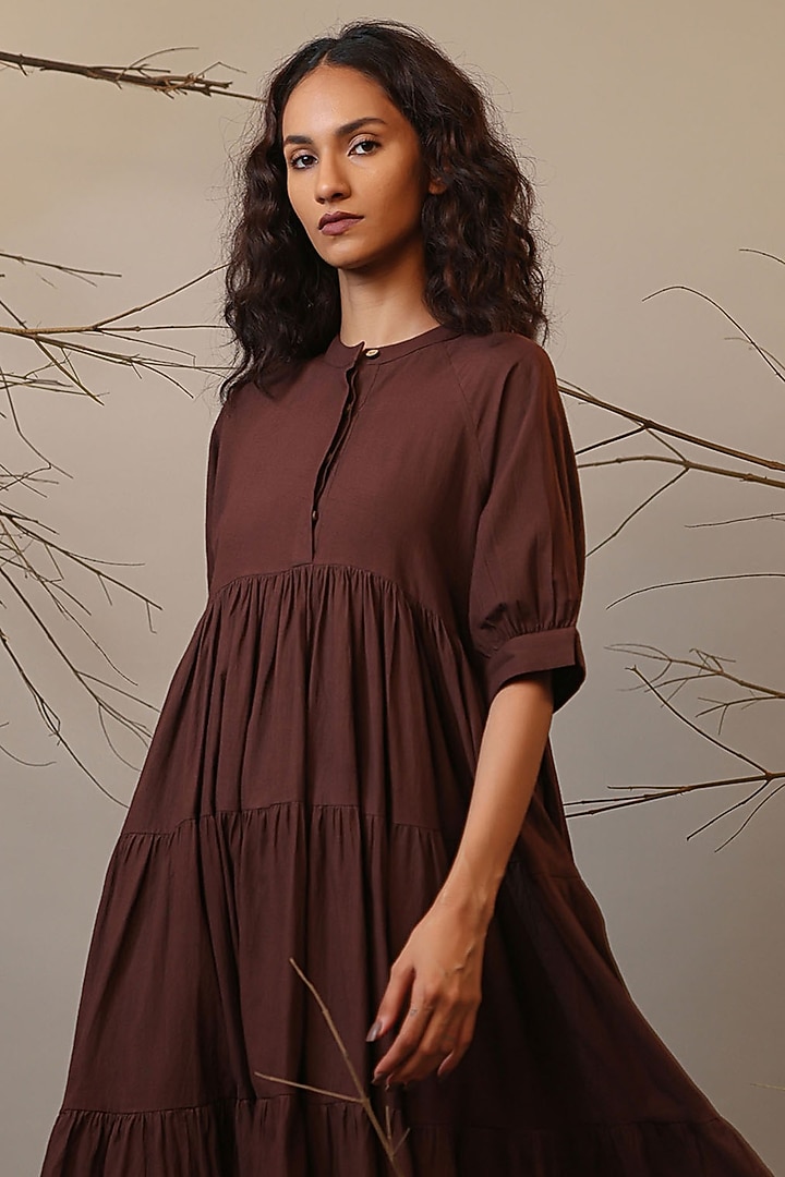 Brown Handspun Cotton Tiered Vacation Dress by Mati at Pernia's Pop Up Shop