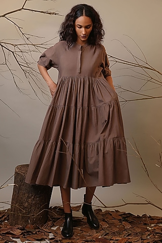 Beige Handspun Cotton Tiered Dress by Mati