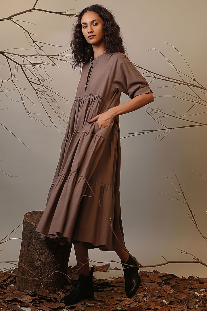 Beige Handspun Cotton Tiered Vacation Dress by Mati at Pernia's Pop Up Shop
