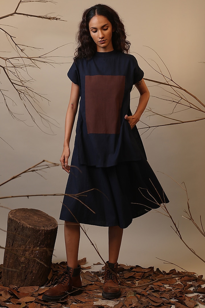 Blue Handspun Cotton Color-Block Dress by Mati at Pernia's Pop Up Shop