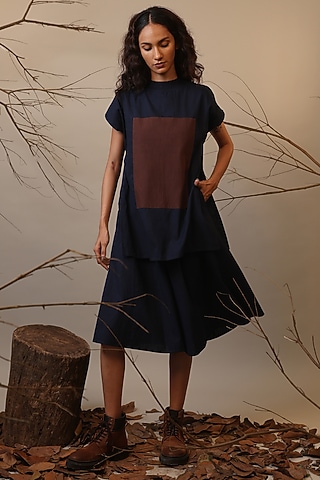Blue Handspun Cotton Color-Block Dress by Mati