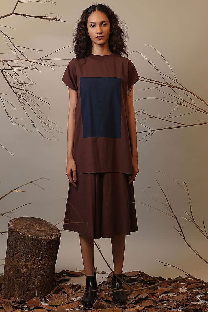 Brown Handspun Cotton Color-Block Dress by Mati at Pernia's Pop Up Shop