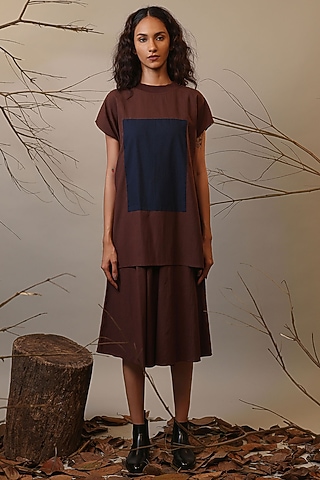 Brown Handspun Cotton Color-Block Dress by Mati