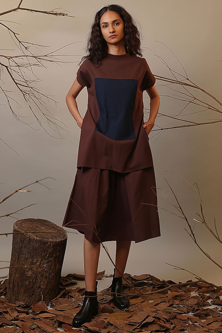 Brown Handspun Cotton Color-Block Summer Dress by Mati at Pernia's Pop Up Shop