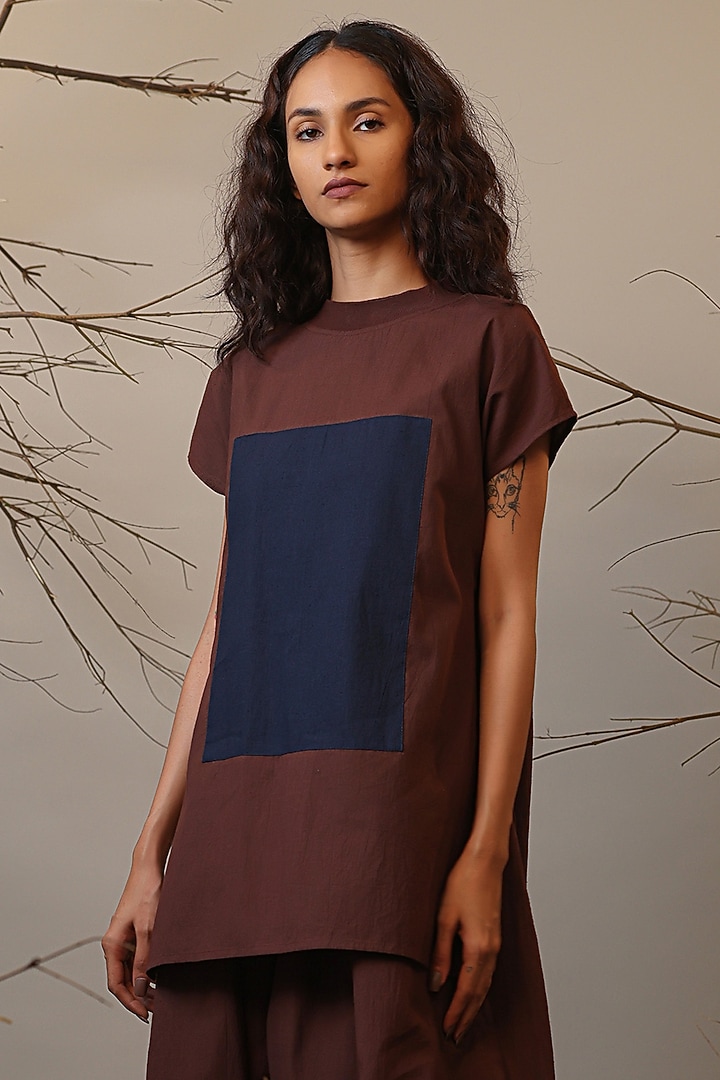 Brown Handspun Cotton Color-Block Summer Dress by Mati at Pernia's Pop Up Shop