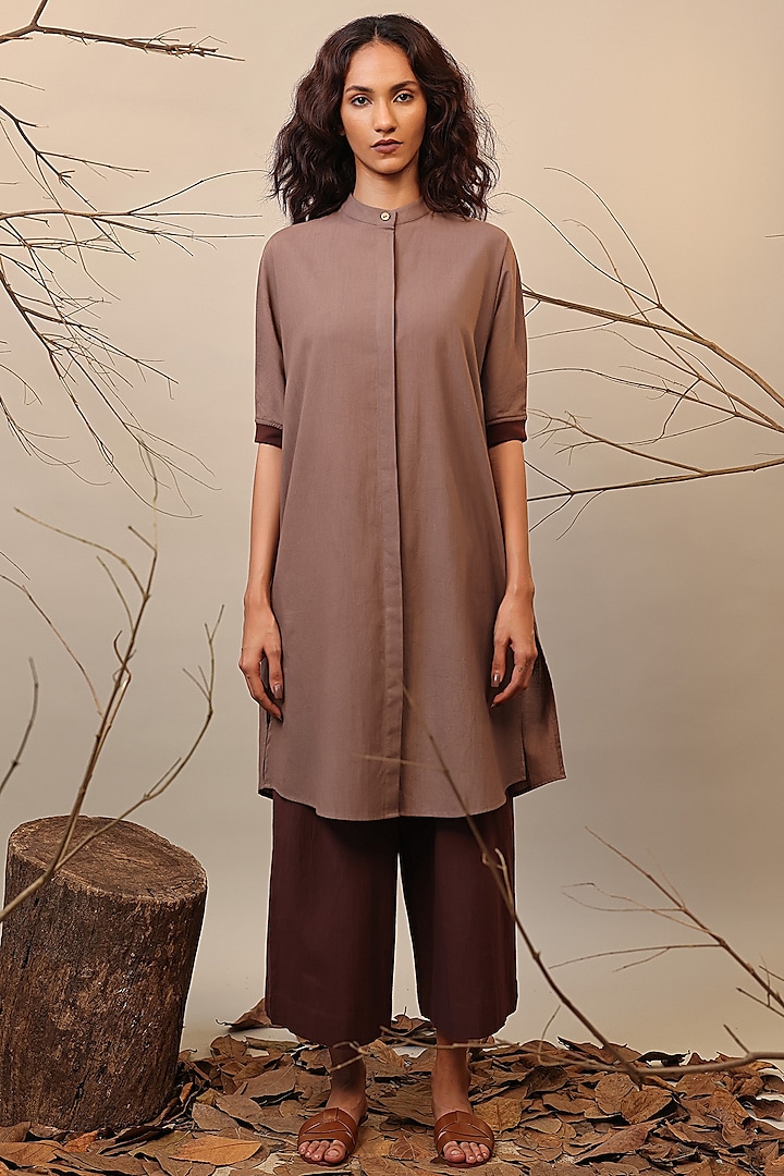 Beige & Brown Cotton Shirt Tunic Set by Mati at Pernia's Pop Up Shop