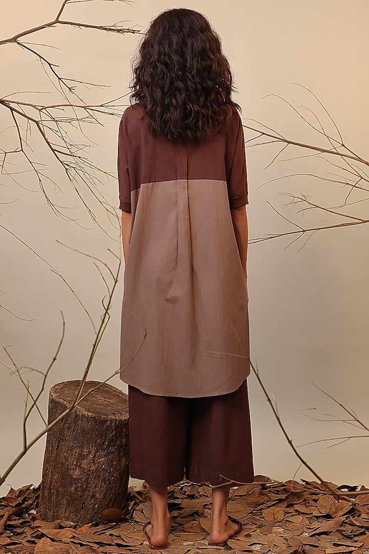Beige & Brown Cotton Shirt Tunic Set by Mati at Pernia's Pop Up Shop