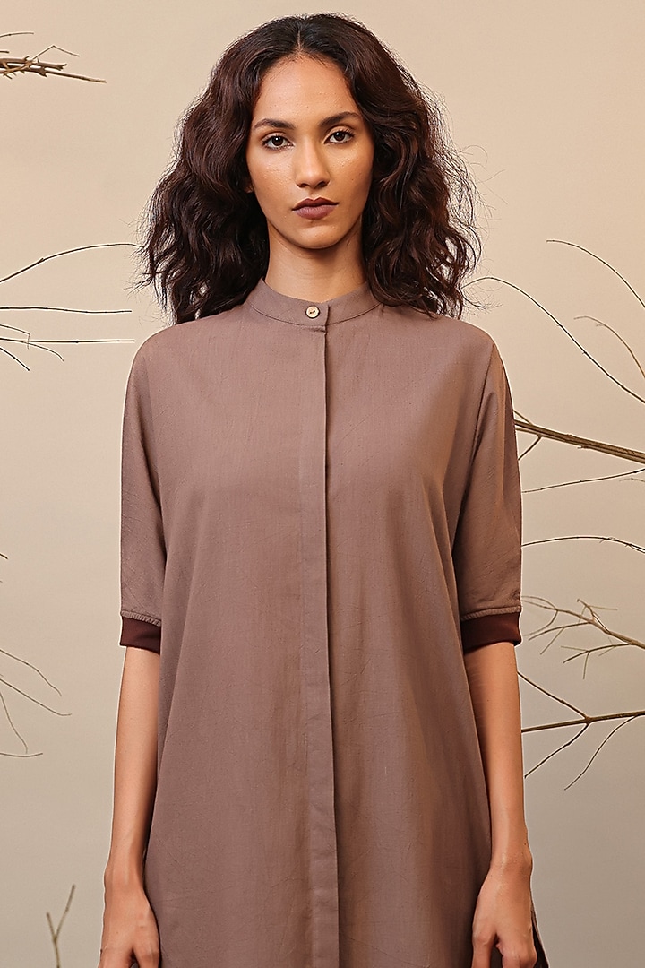 Beige & Brown Cotton Shirt Tunic Set by Mati at Pernia's Pop Up Shop
