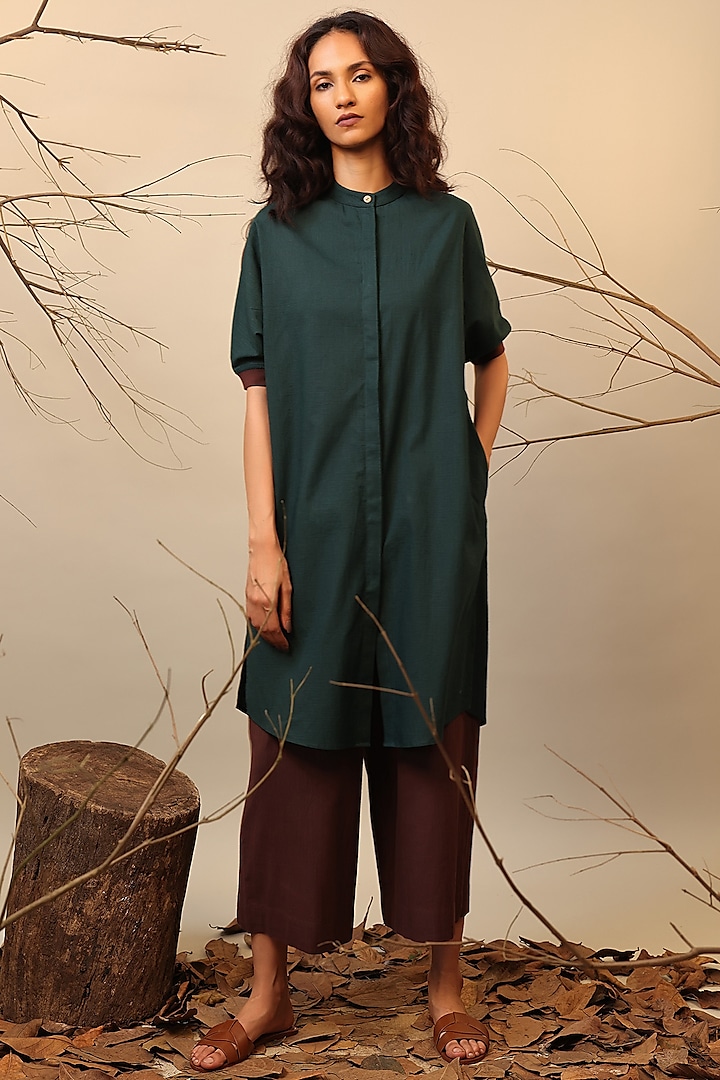 Green & Brown Cotton Shirt Tunic Set by Mati at Pernia's Pop Up Shop