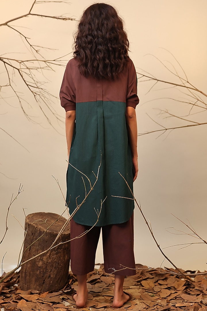 Green & Brown Cotton Shirt Tunic Set by Mati at Pernia's Pop Up Shop