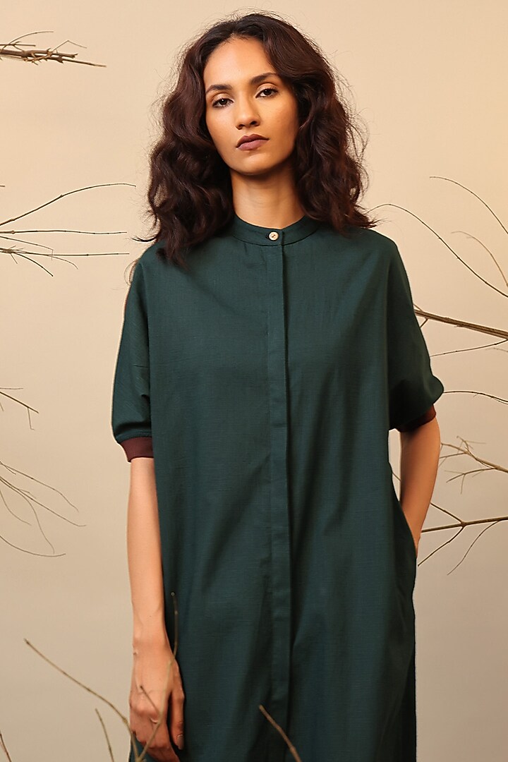 Green & Brown Cotton Shirt Tunic Set by Mati at Pernia's Pop Up Shop