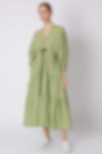 Green Striped Dress With Drawstring by Mati