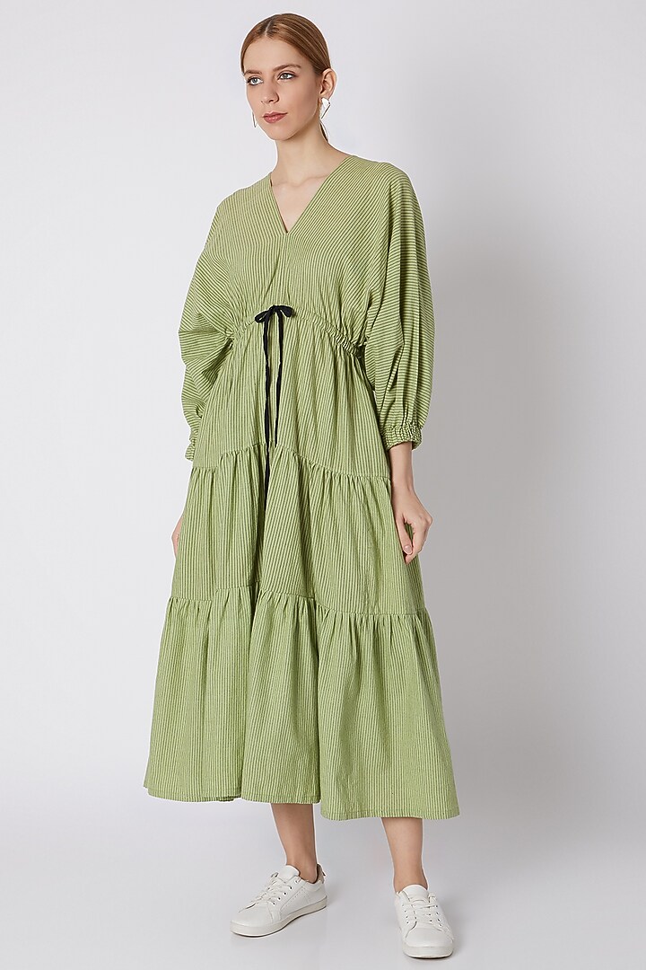 Green Striped Summer Dress With Drawstring by Mati at Pernia's Pop Up Shop