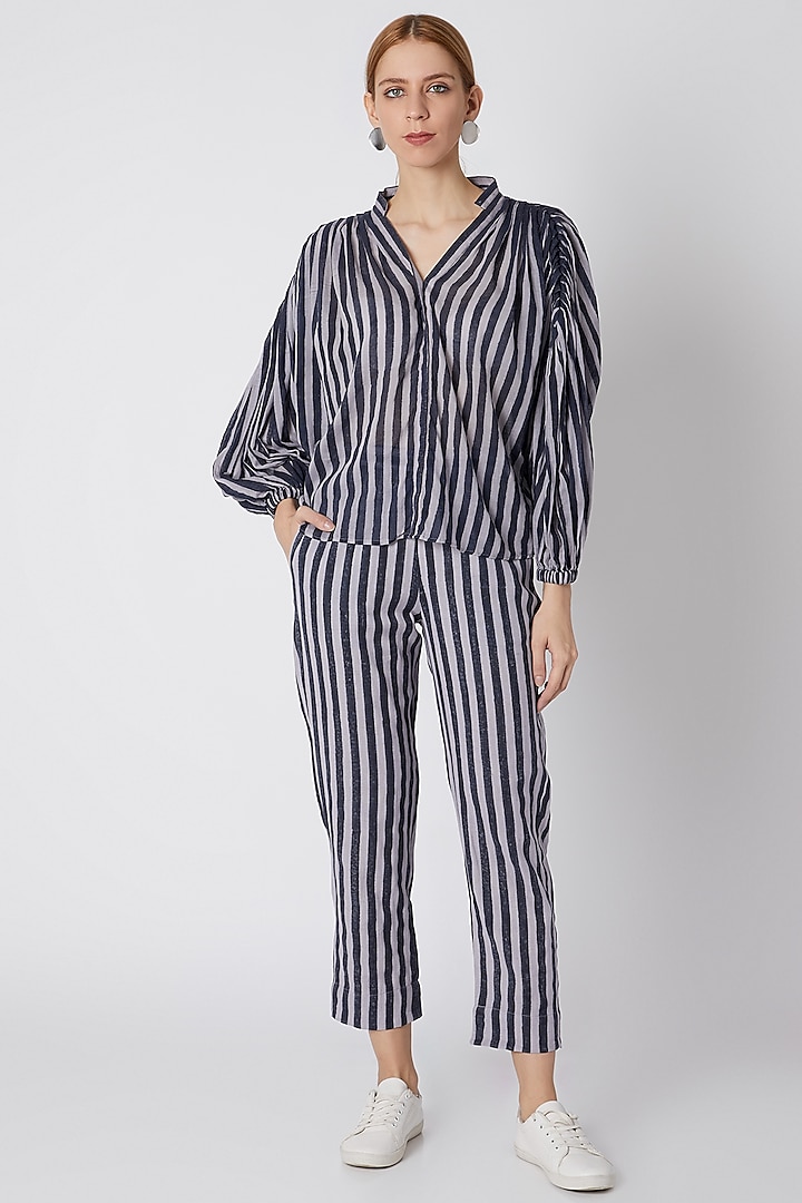 Lavender Striped Shirt With Pleated Shoulders by Mati