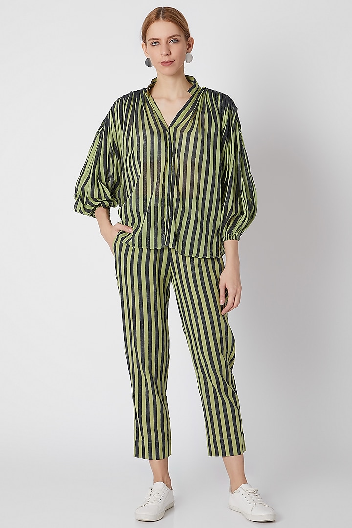 Green Striped Shirt With Pleated Shoulders by Mati