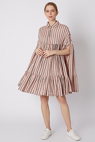 Salmon Pink & Dark Blue Striped Cape Dress by Mati