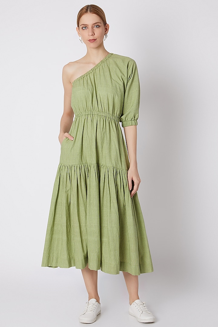Green Striped One Shoulder Dress by Mati
