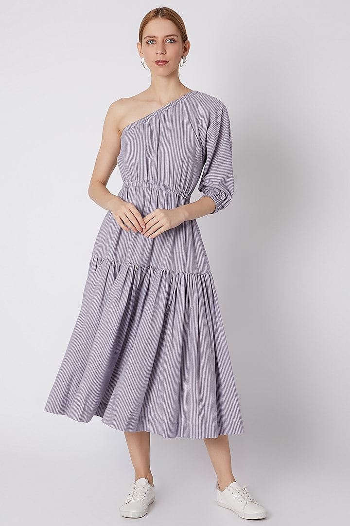 Lavender Striped One Shoulder Dress by Mati
