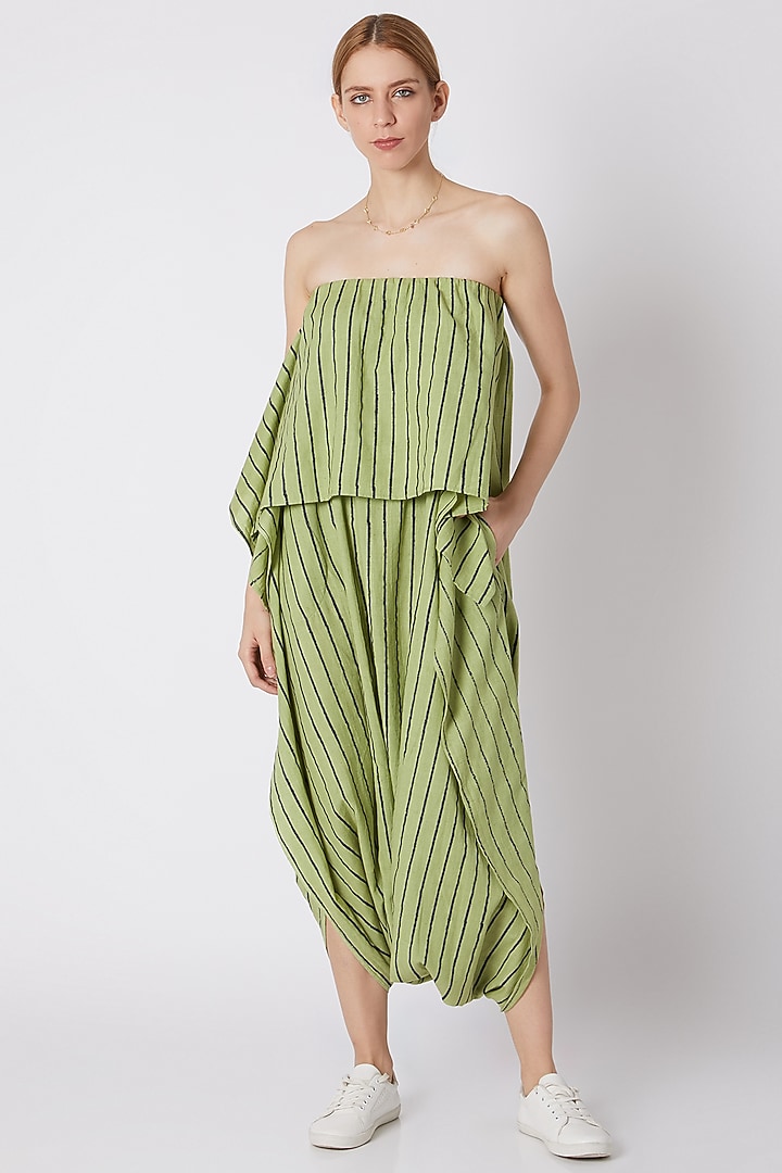 Green Striped Dhoti Jumpsuit by Mati at Pernia's Pop Up Shop