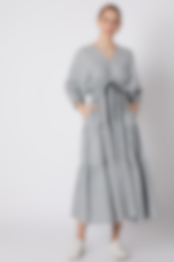 Blueish Grey Striped Dress With Drawstring Bow-Tie by Mati
