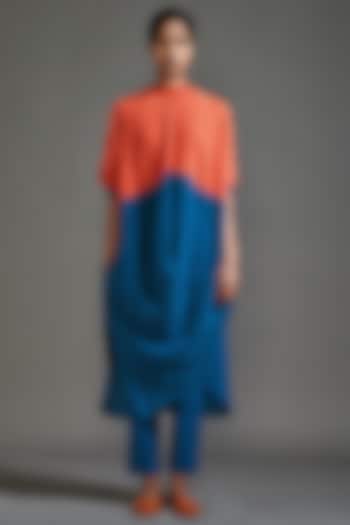 Rust & Blue Textured Cotton Color-Block Draped Cowl Tunic by Mati