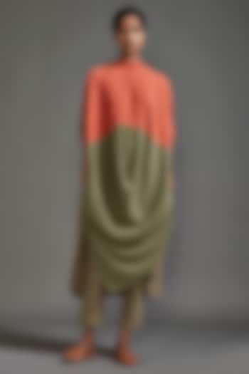 Rust & Green Textured Cotton Color-Block Draped Cowl Tunic by Mati at Pernia's Pop Up Shop