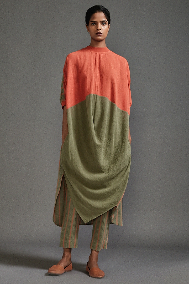 Rust & Green Textured Cotton Color-Block Draped Cowl Tunic by Mati at Pernia's Pop Up Shop