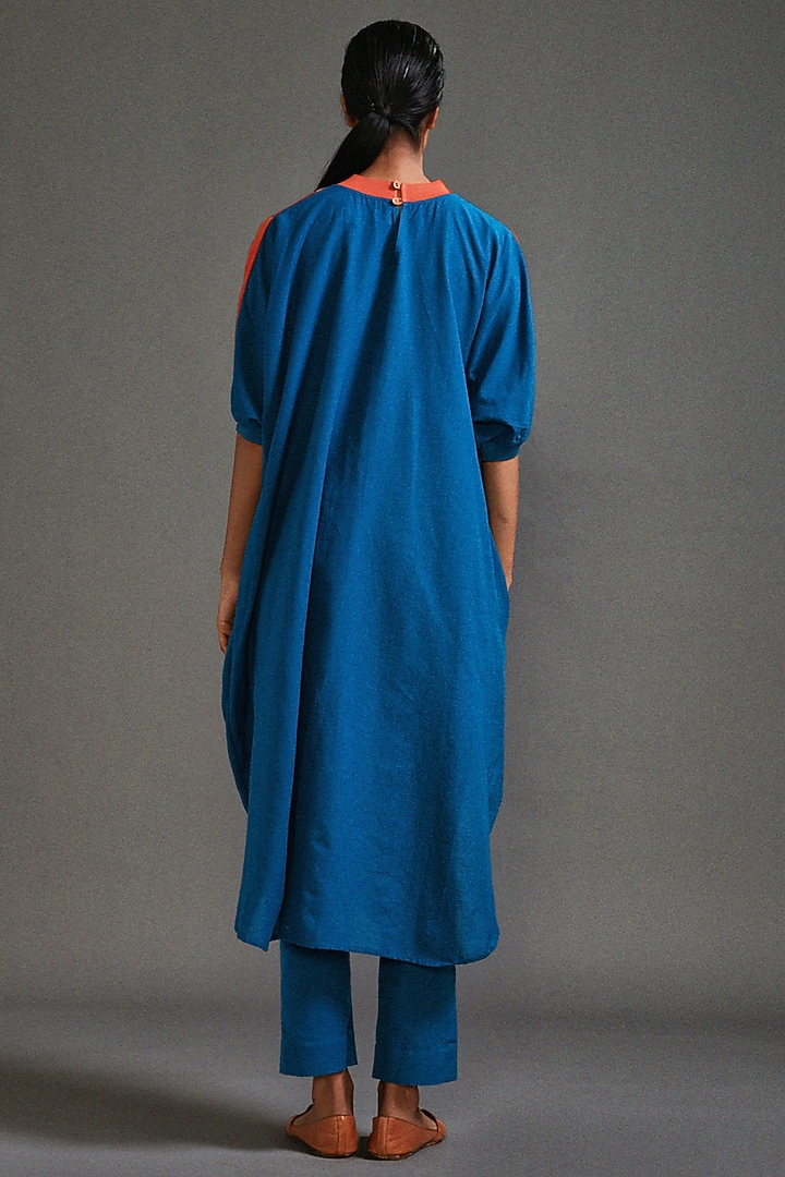 Rust & Blue Textured Cotton Color-Block Draped Cowl Tunic Set by Mati at Pernia's Pop Up Shop