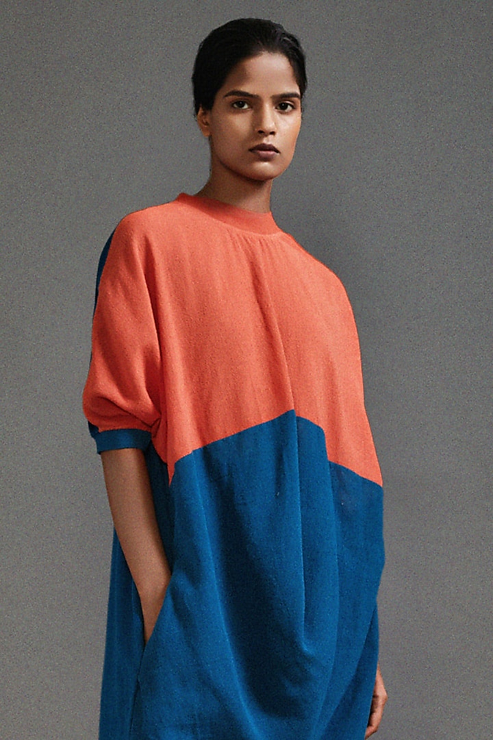Rust & Blue Textured Cotton Color-Block Draped Cowl Tunic Set by Mati at Pernia's Pop Up Shop