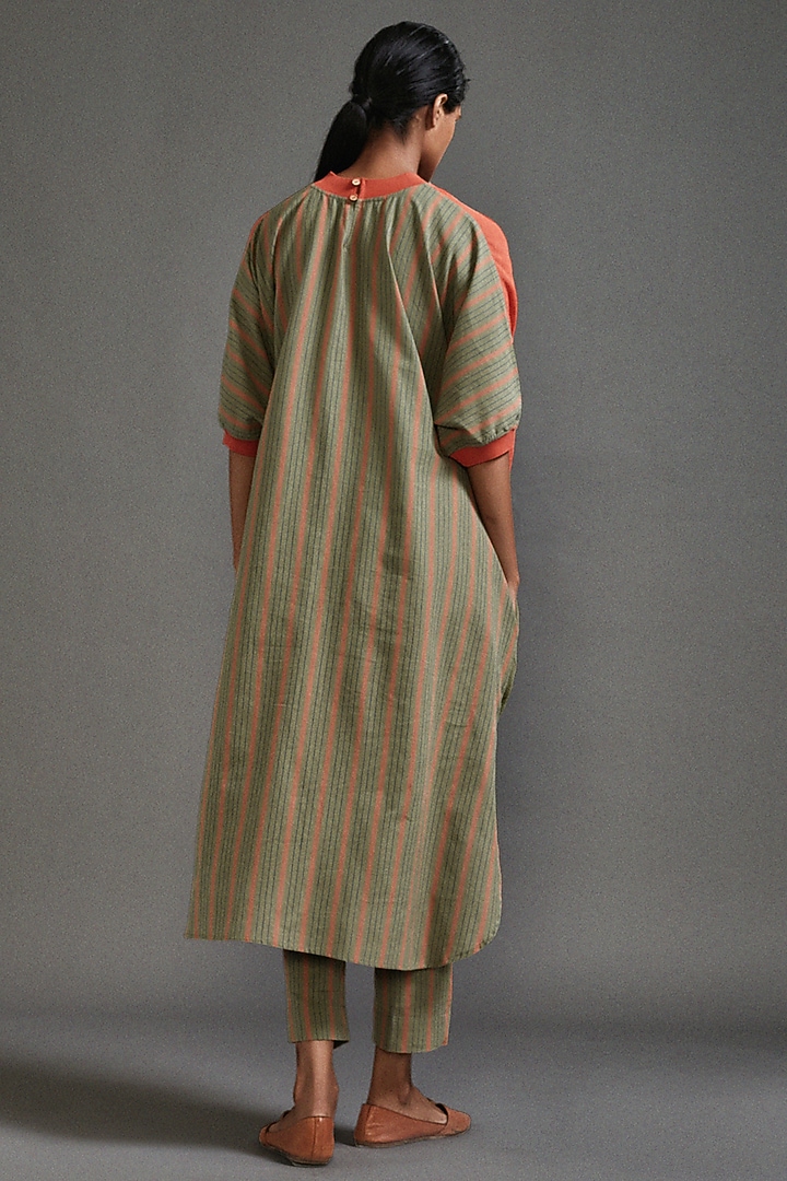 Rust & Green Textured Cotton Color-Block Draped Cowl Tunic Set by Mati at Pernia's Pop Up Shop