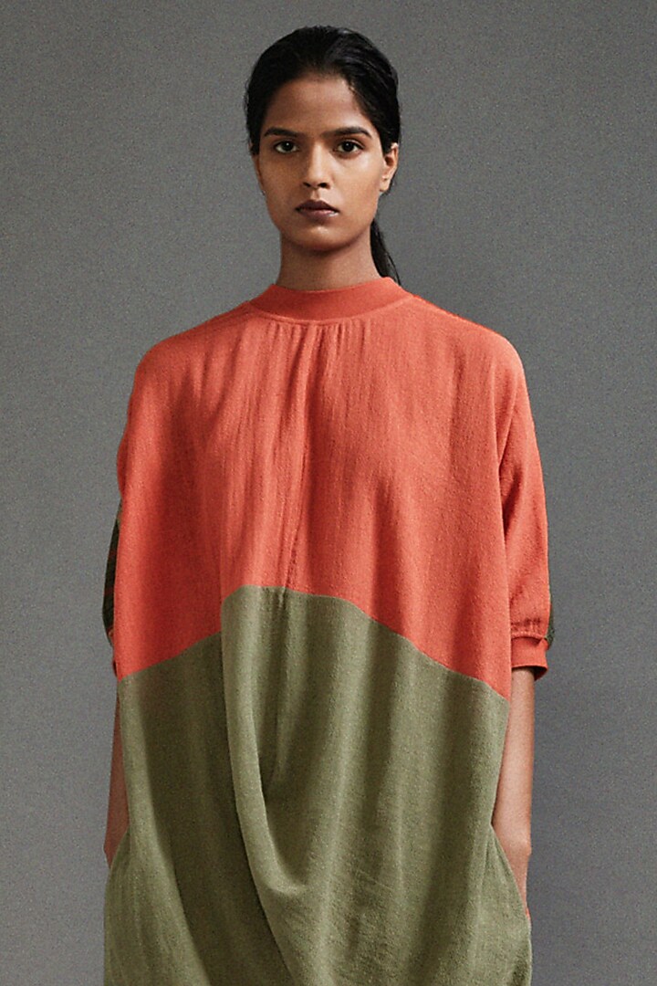 Rust & Green Textured Cotton Color-Block Draped Cowl Tunic Set by Mati at Pernia's Pop Up Shop