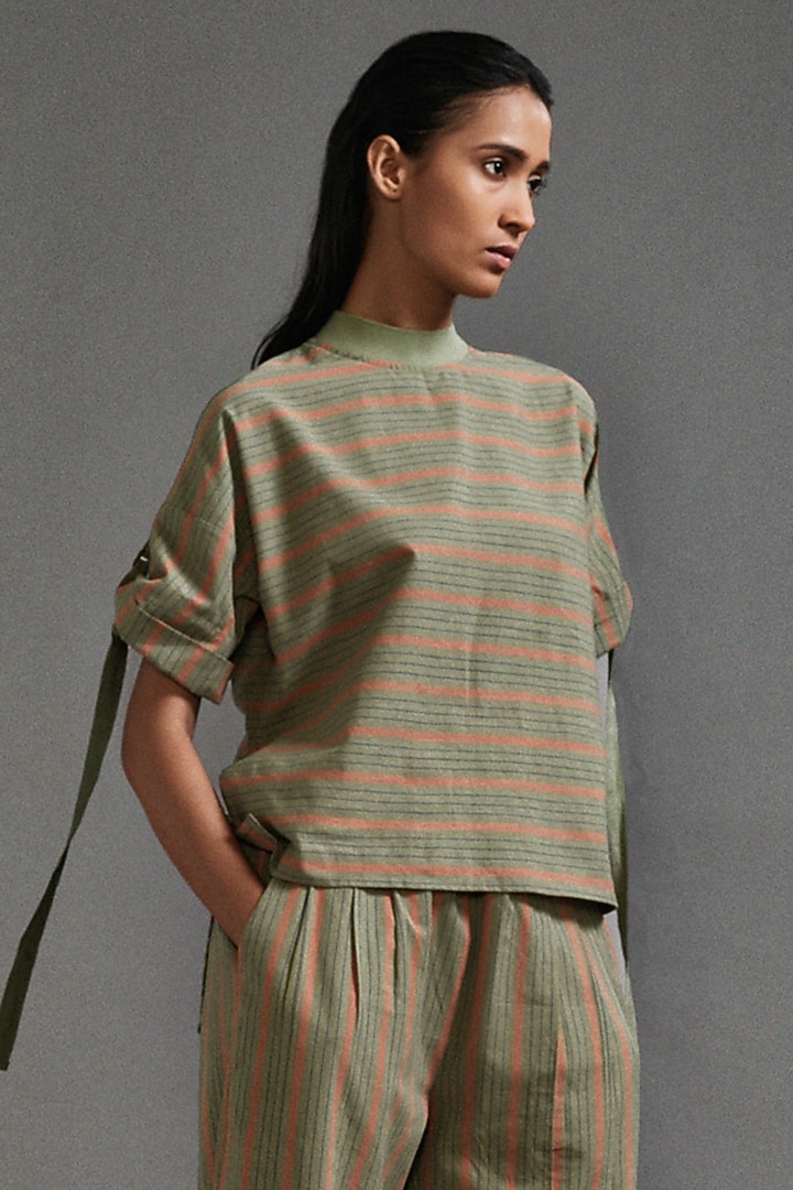 Green Cotton Striped Co-Ord Set by Mati at Pernia's Pop Up Shop