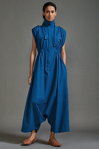 Blue Cotton Safari Jumpsuit by Mati