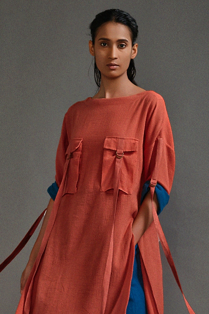Rust Textured Cotton Straight-Fit Safari Tunic Set by Mati at Pernia's Pop Up Shop