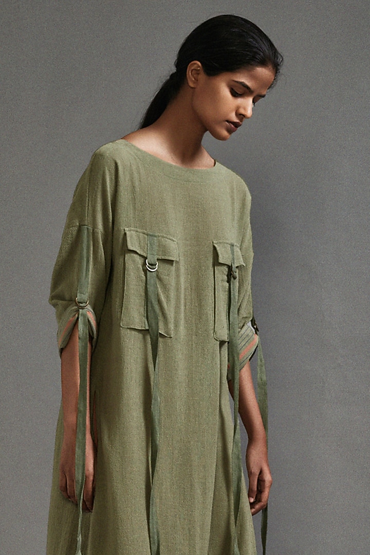 Green Textured Cotton Straight-Fit Safari Tunic Set by Mati at Pernia's Pop Up Shop