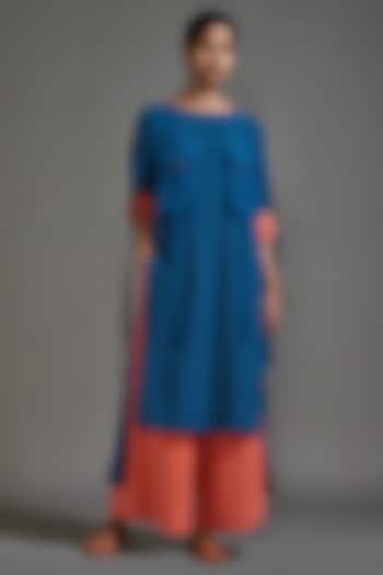 Blue Textured Cotton Straight-Fit Safari Tunic Set by Mati at Pernia's Pop Up Shop