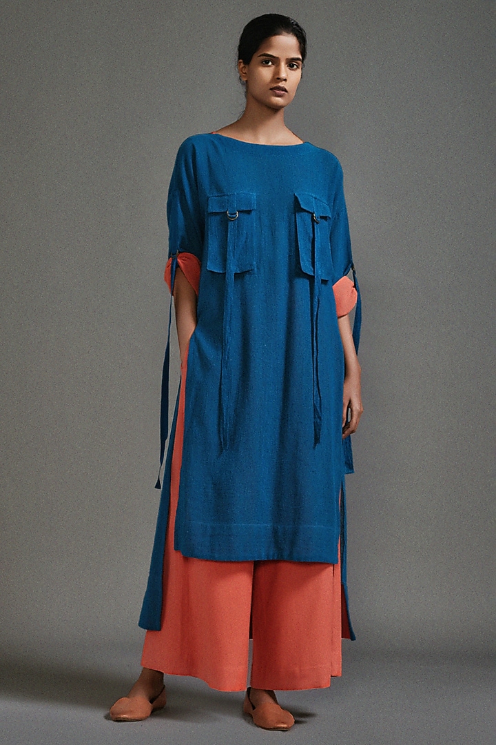 Blue Textured Cotton Straight-Fit Safari Tunic Set by Mati at Pernia's Pop Up Shop