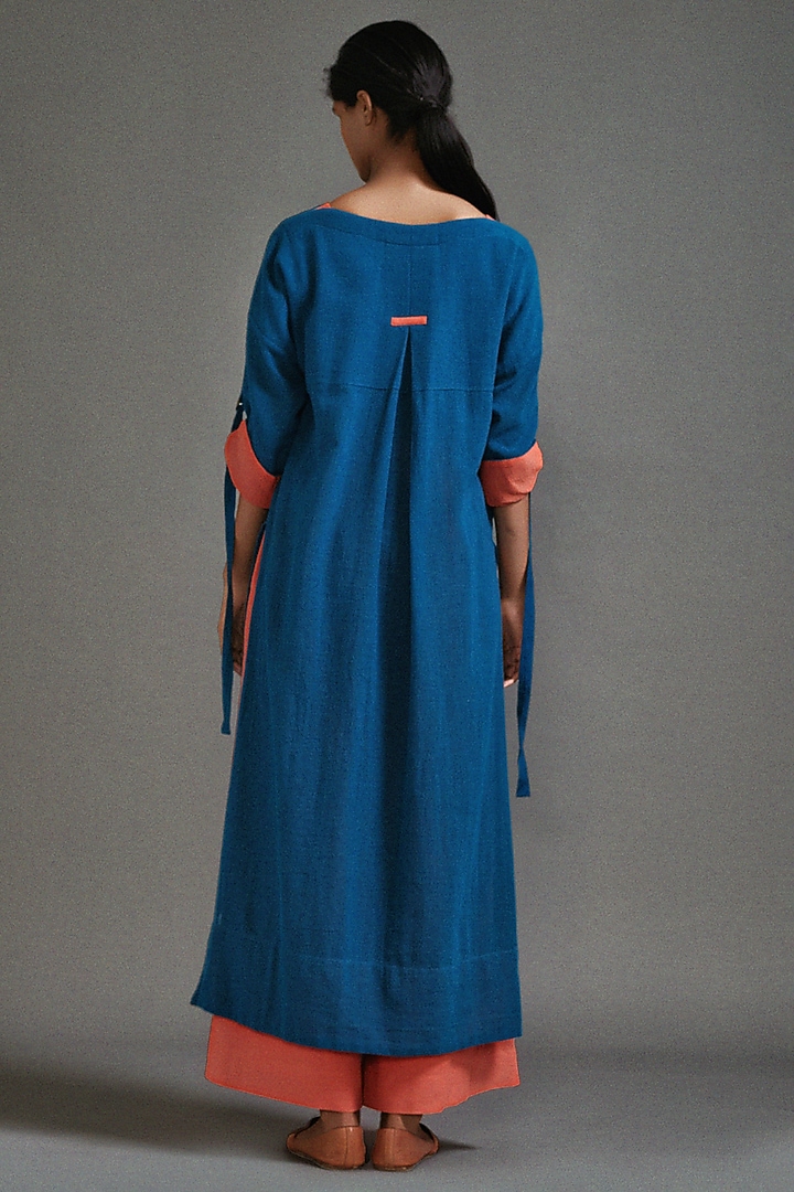 Blue Textured Cotton Straight-Fit Safari Tunic Set by Mati at Pernia's Pop Up Shop