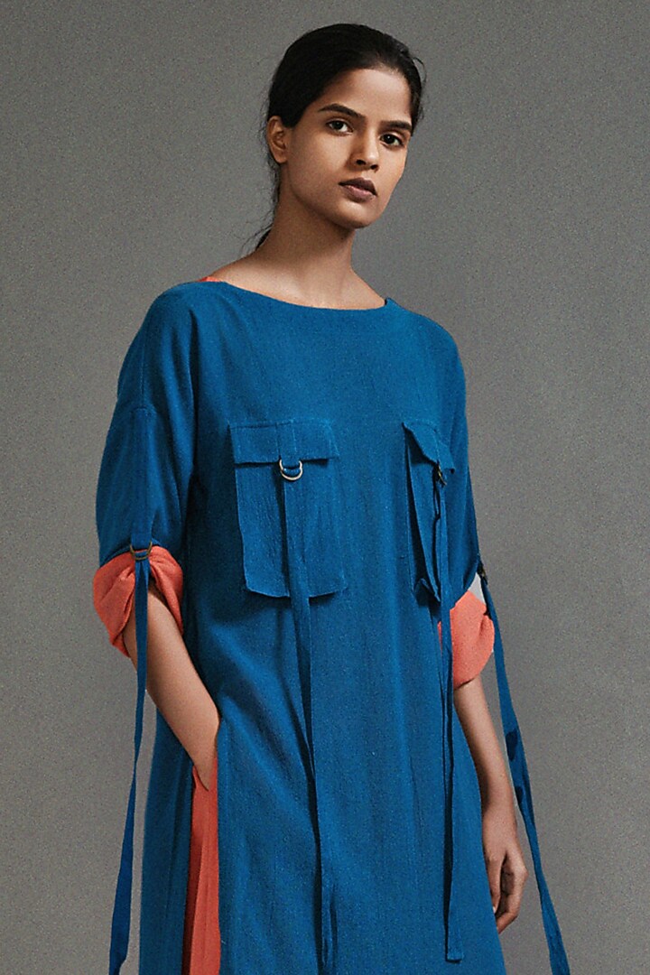 Blue Textured Cotton Straight-Fit Safari Tunic Set by Mati at Pernia's Pop Up Shop