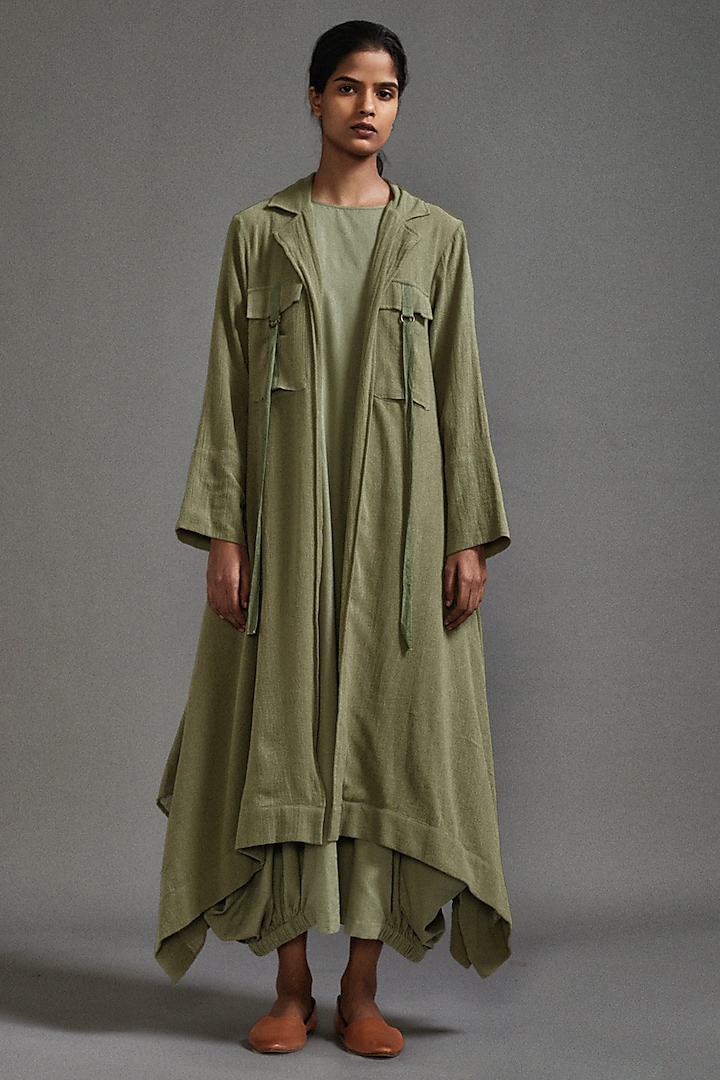 Green Textured Fabric Safari Koza Jacket by Mati