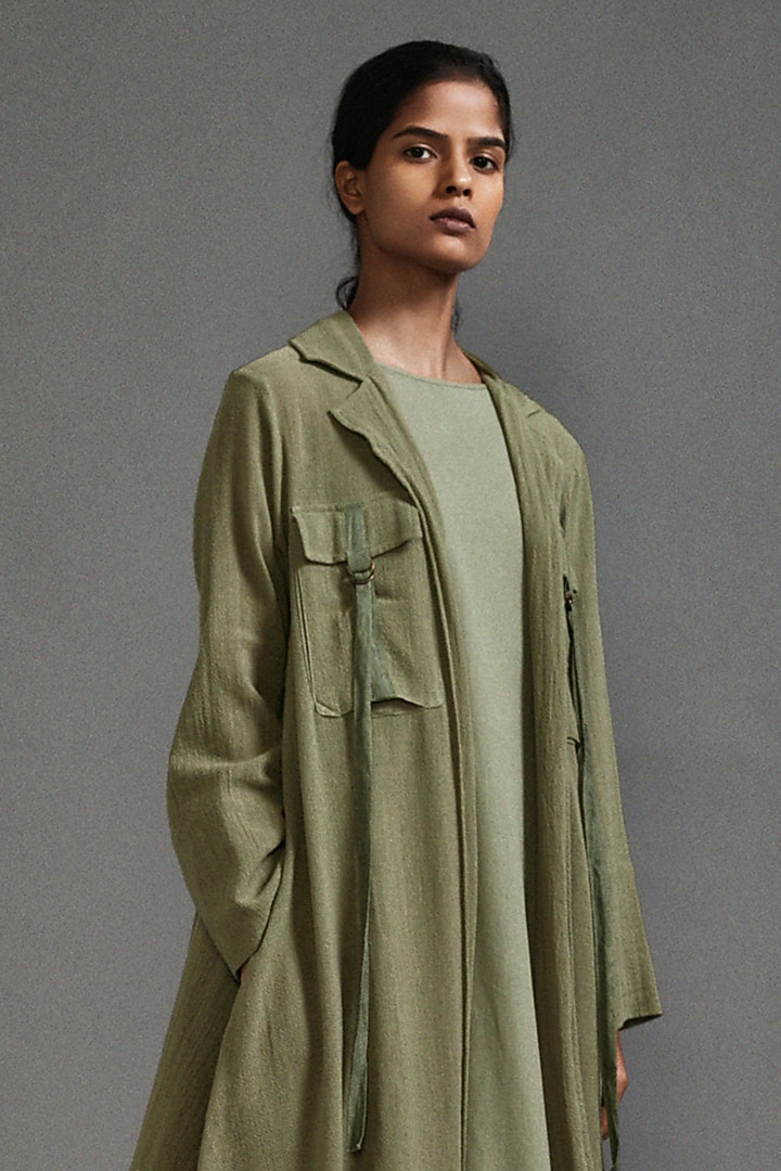 Green Textured Fabric Safari Koza Jacket by Mati at Pernia's Pop Up Shop