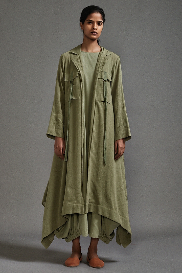 Green Textured Fabric Safari Koza Jacket Set by Mati