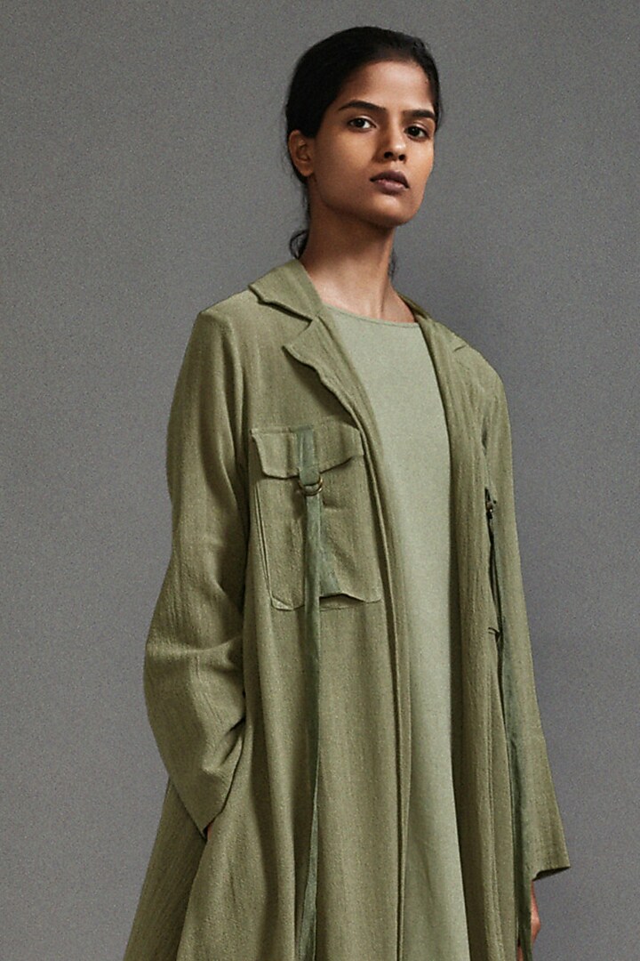 Green Textured Fabric Safari Koza Jacket Set by Mati at Pernia's Pop Up Shop