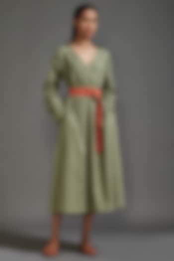 Green Handloom Cotton Safari Midi Dress by Mati