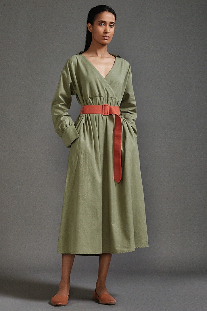 Green Handloom Cotton Safari Midi Dress by Mati